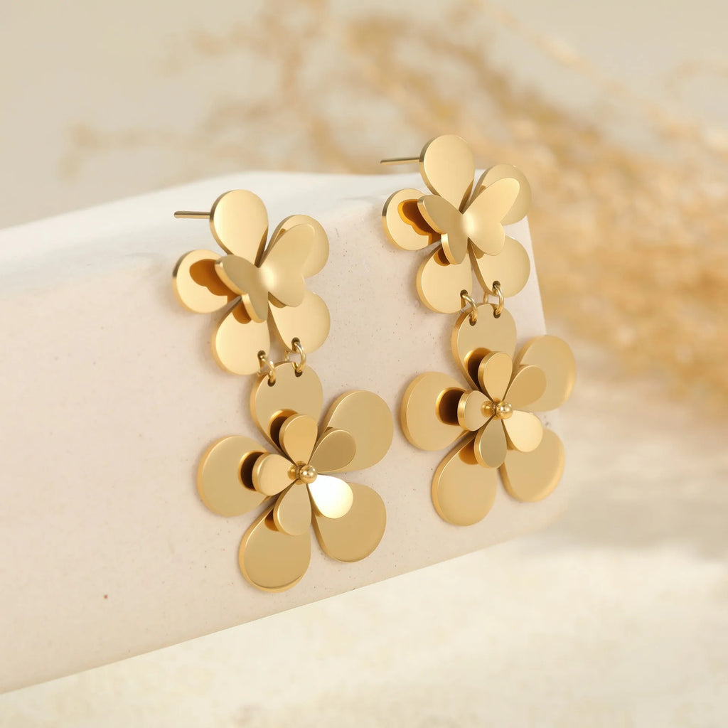 Women's floral butterfly stainless steel earrings with 18K gold electroplated finish
