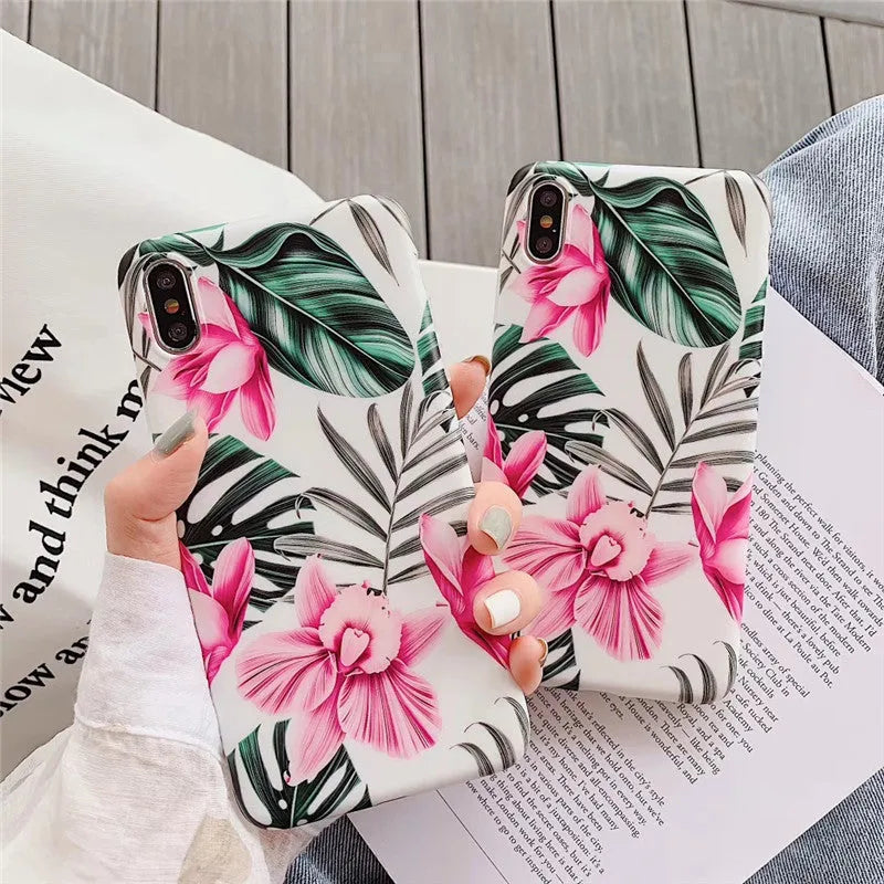 Pink floral pattern on a flexible TPU back cover case for iPhone.