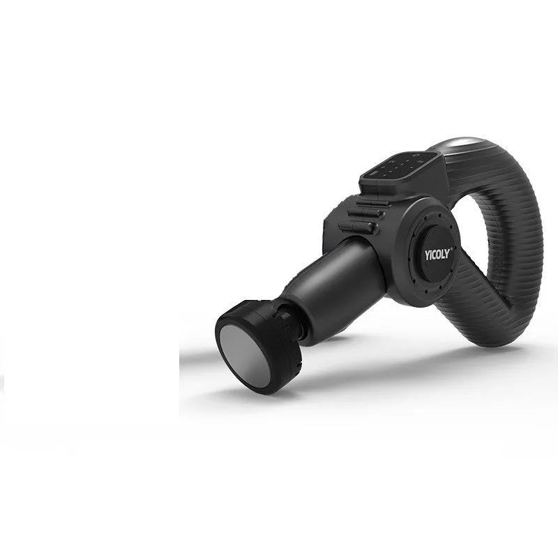 Black intelligent muscle massage gun with multiple attachment heads on a grey background