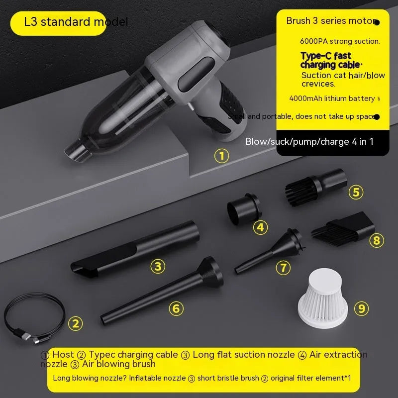 Black cordless handheld car vacuum cleaner with attached brush nozzle and charging cable.