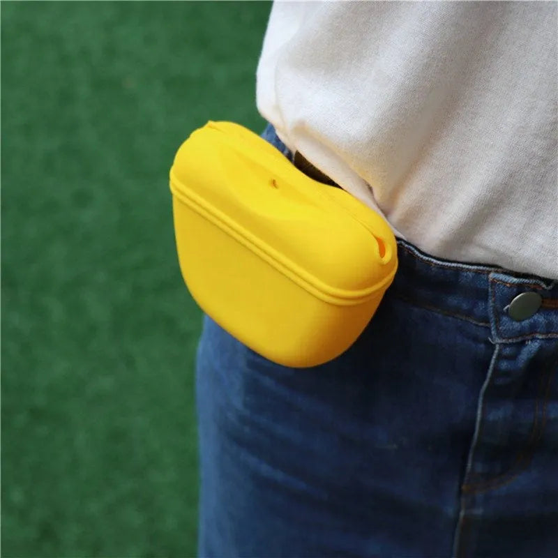 Silicone dog training treat bag with clip attachment in assorted colours