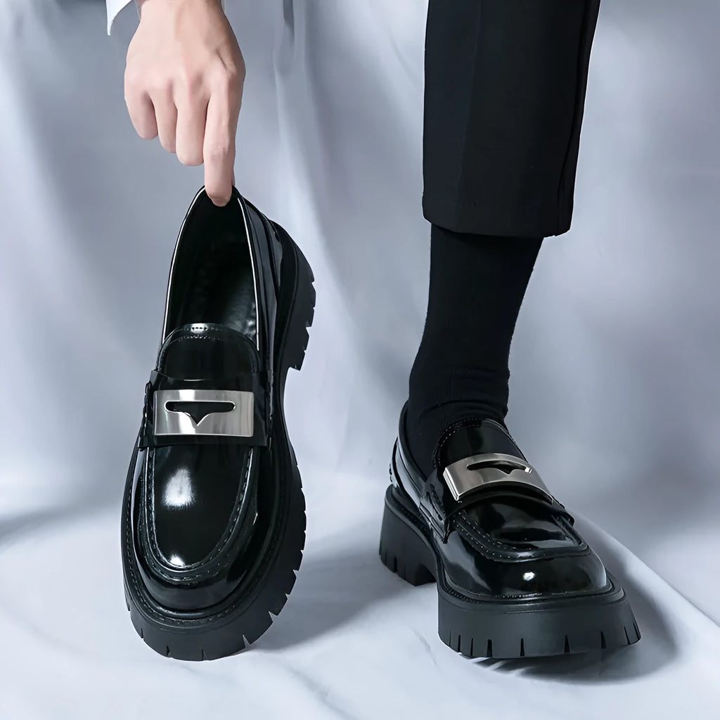 Men's black glossy platform loafers with hidden low heel for summer wear