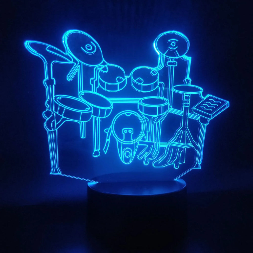3D acrylic drum kit night light glowing in blue on a black ABS base with remote control.