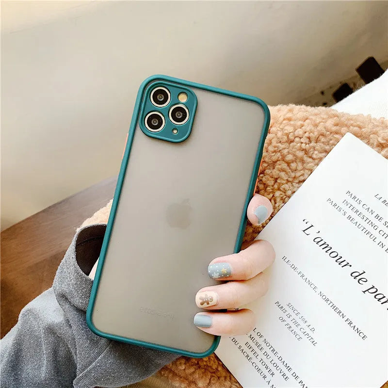 Transparent solid-colour shockproof iPhone case showing soft TPU sides and hard PC back, compatible with multiple models.