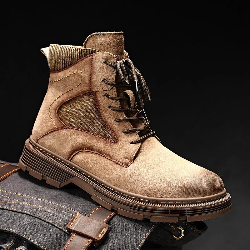 Men's frosted vintage Martin boots in black, sand, or grey with a low heel and round toe.