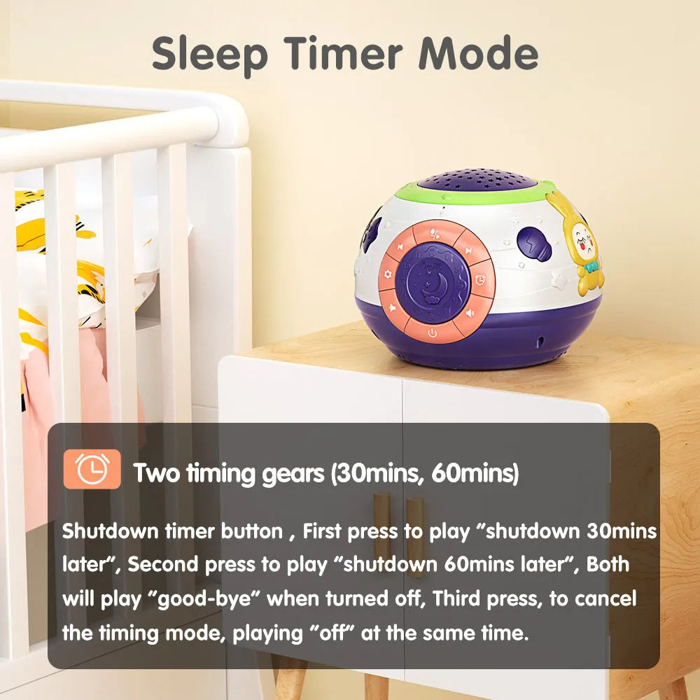 White cube-shaped children's night light projector showing starry sky projection with control button on top