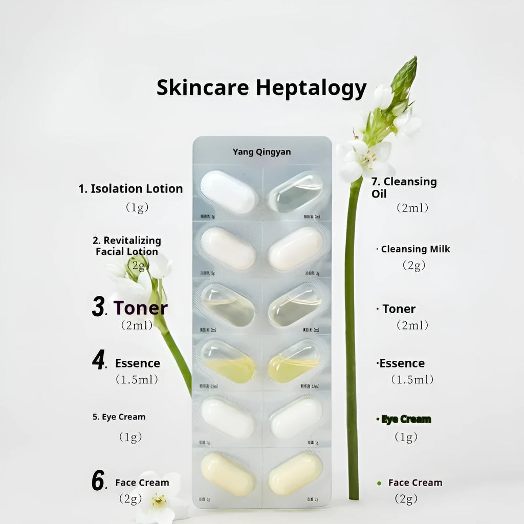 Disposable water emulsion sample travel set with 7 piece trial pack of genuine skincare products