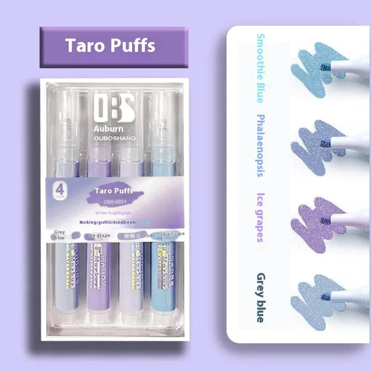 Glitter fluorescent highlighter pen with slanted 4mm tip and ABS plastic body in box packaging