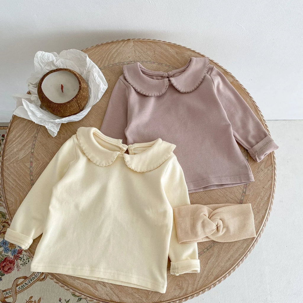 Peter Pan collar long-sleeve top and trousers two-piece set in apricot cotton velvet for girls