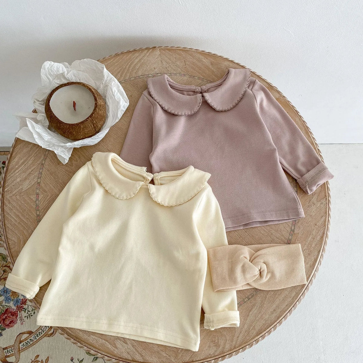 Peter Pan collar long-sleeve top and trousers two-piece set in apricot cotton velvet for girls