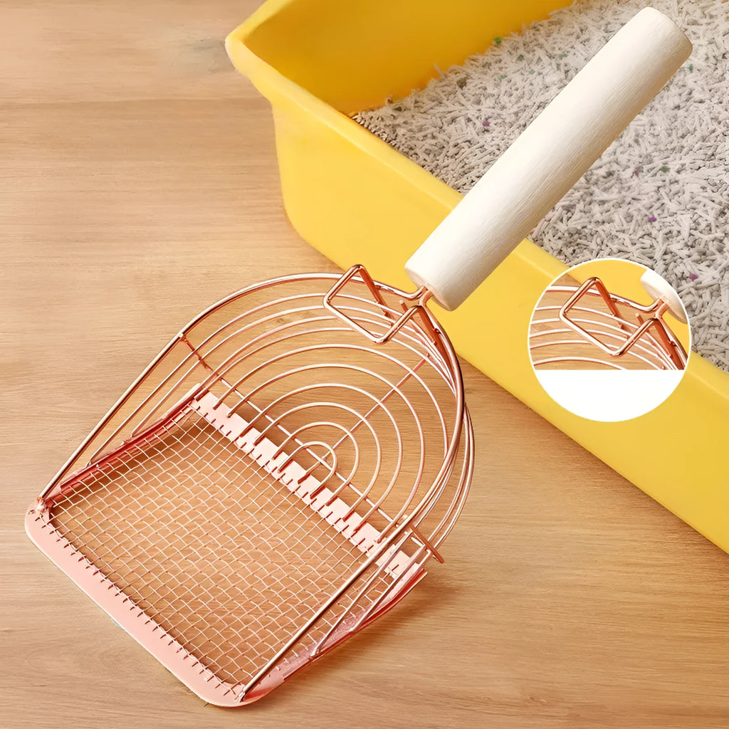 Stainless steel cat litter shovel with a long wooden handle for scooping pet waste.