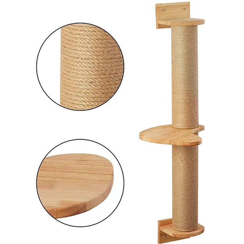 Wooden wall-mounted cat climbing frame with a natural flax cordage scratching post in wood and khaki colours.