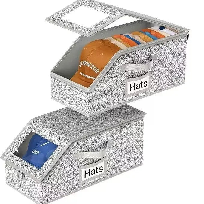 Grey foldable and stackable woven fabric storage box with lid for organisation.