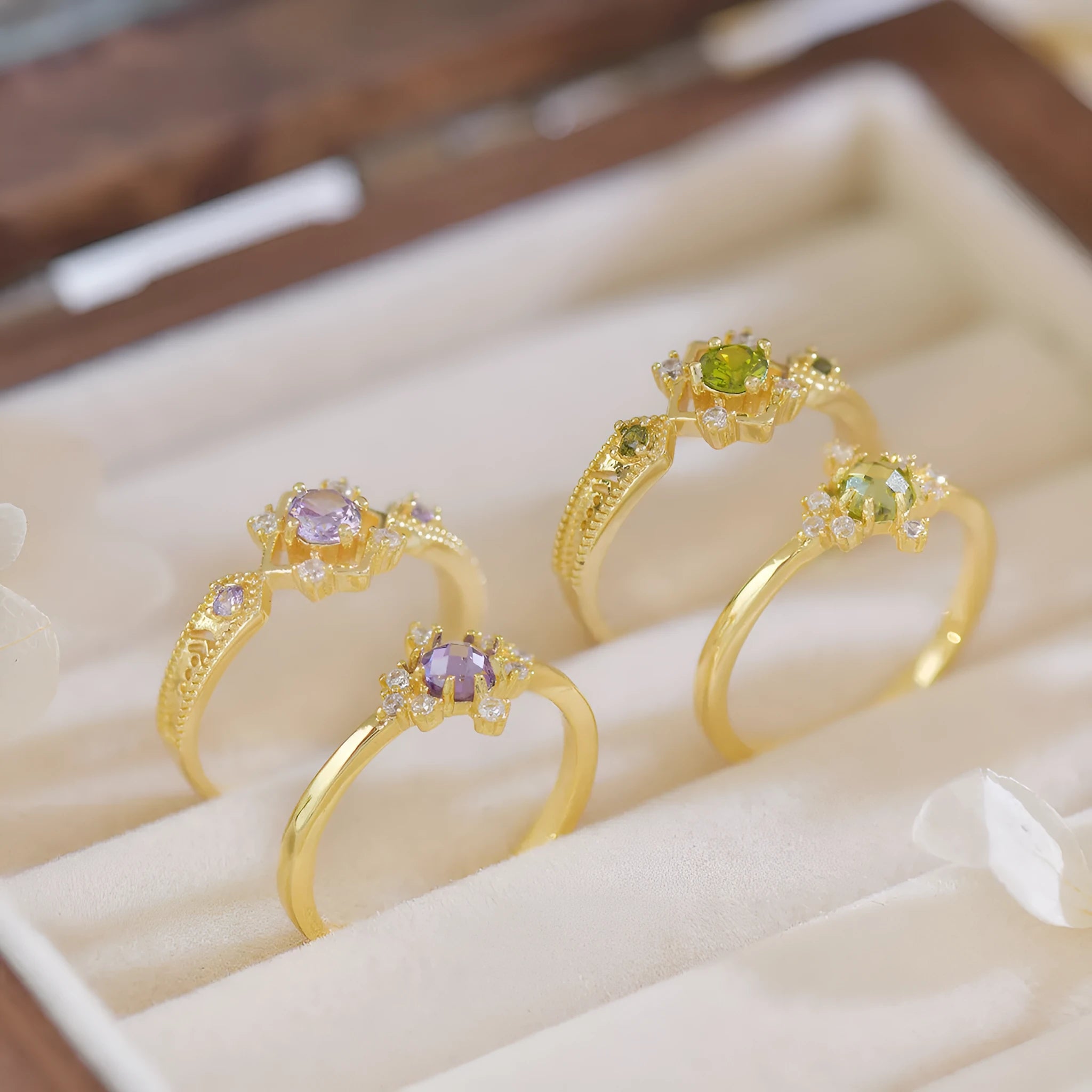 French style geometric open mouth ring with copper band and zircon stones in olive green or purple options