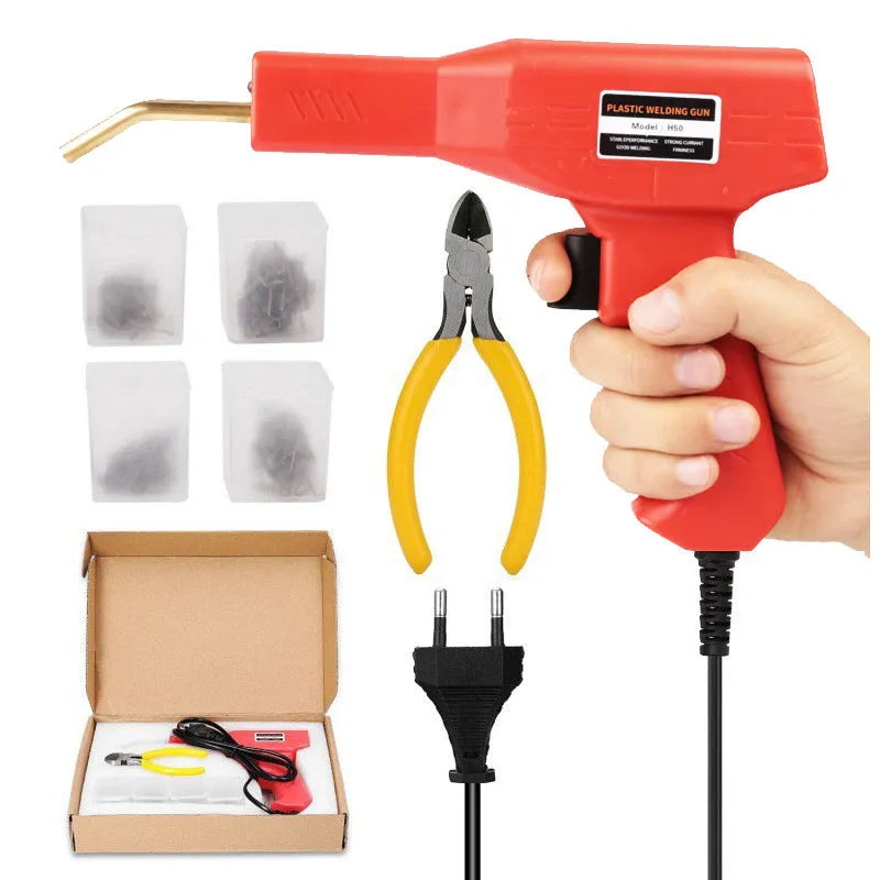 Red plastic welding gun with pure copper transformer, 200 nails, and pliers knife in black storage box