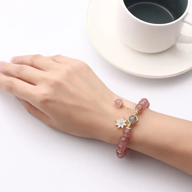 Strawberry quartz crystal bracelet with electroplated floral details in Mori Korean style.