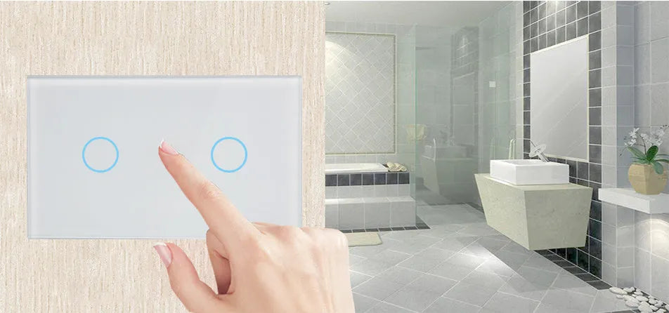 White tempered glass touch wall light switch with two control panels and LED indicators
