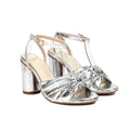 Plus size women's high heel peep toe sandals with an ankle buckle strap in gold, silver, red, or green
