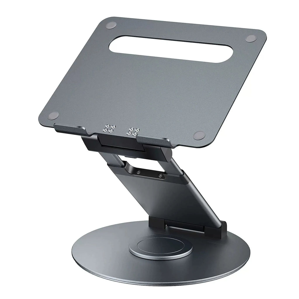 Aluminium alloy laptop bracket on desk with 360-degree rotating base and lifting mechanism
