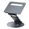 Aluminium alloy laptop bracket on desk with 360-degree rotating base and lifting mechanism