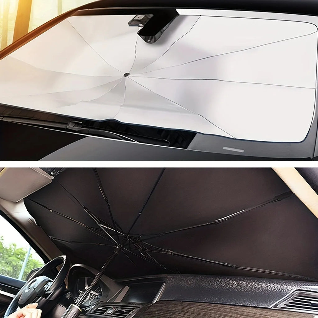 Foldable car windshield sunshade umbrella shown open against vehicle glass