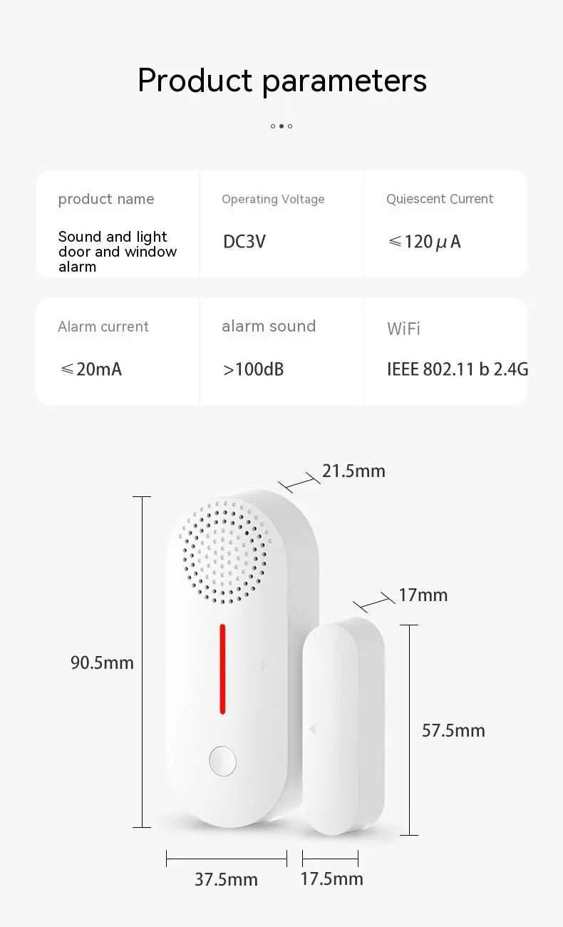 WiFi-enabled magnetic door sensor alarm with sound and light alert for smart home security