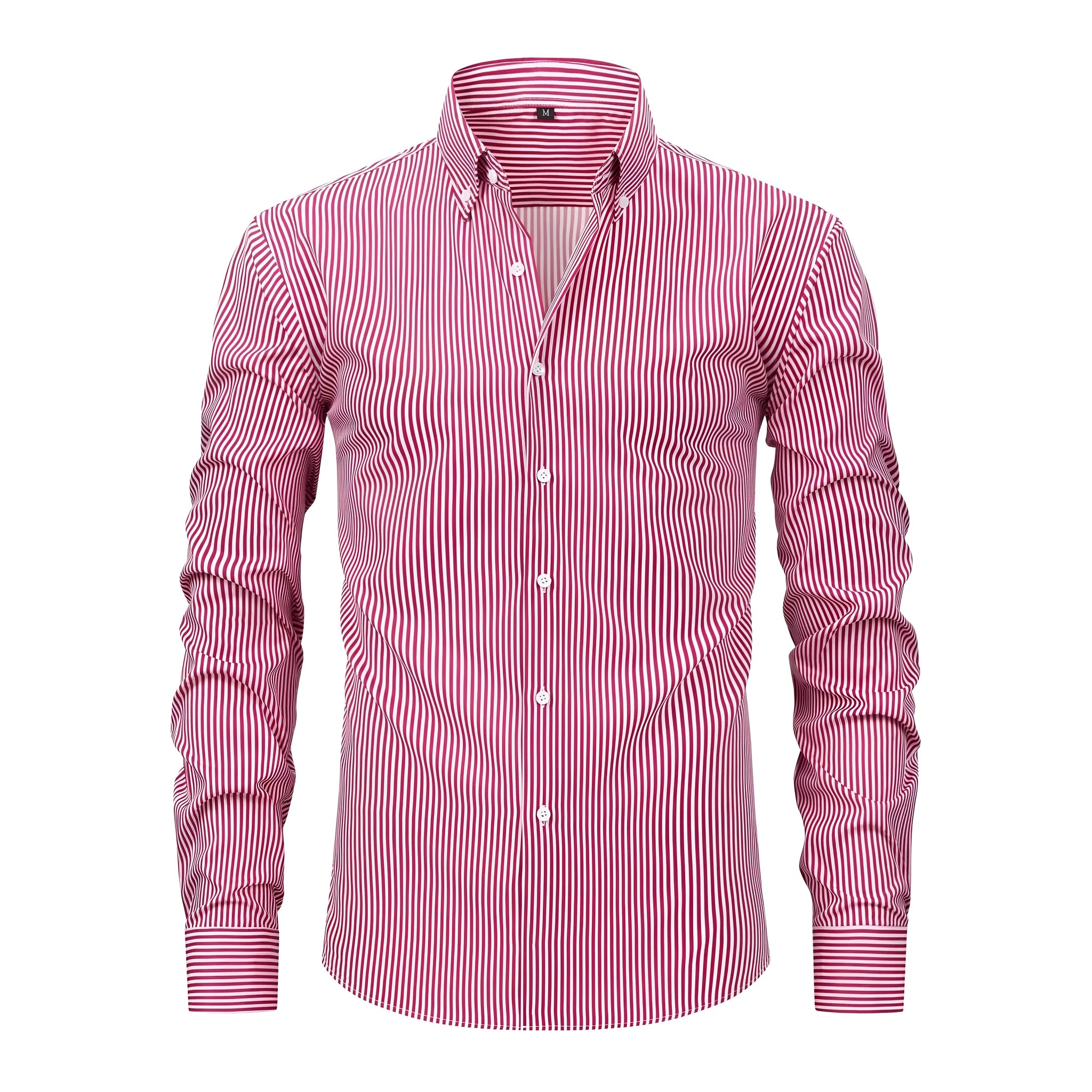 Man wearing a striped long-sleeved business casual shirt with a lapel collar.