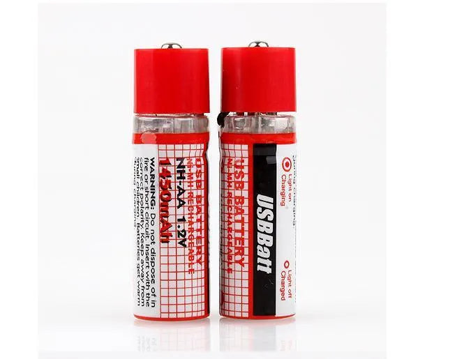 Two red USB rechargeable AA Ni-MH batteries with blue LED charging indicator on white background