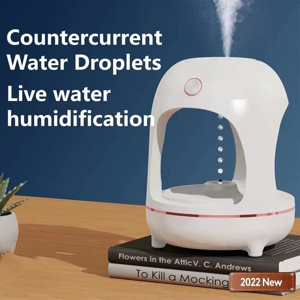 Rose gold and white levitating water drops ultrasonic humidifier and LED night light on a desk