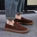 Men's retro handmade stitching cowhide leather casual shoes in brown, flat heel, side view