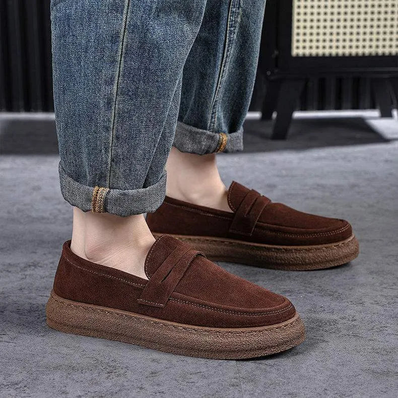 Men's retro handmade stitching cowhide leather casual shoes in brown, flat heel, side view