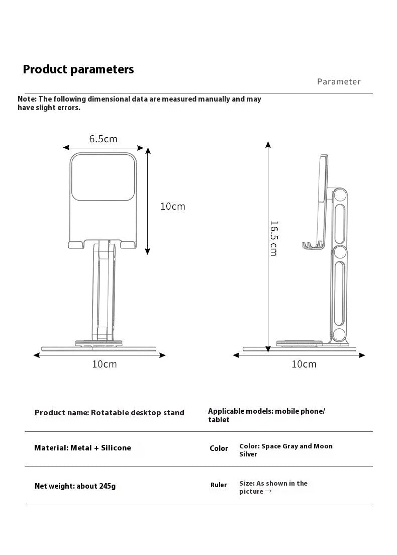 Compact 360-degree rotating mobile phone and tablet stand in metal and silicone, bright moon silver colour