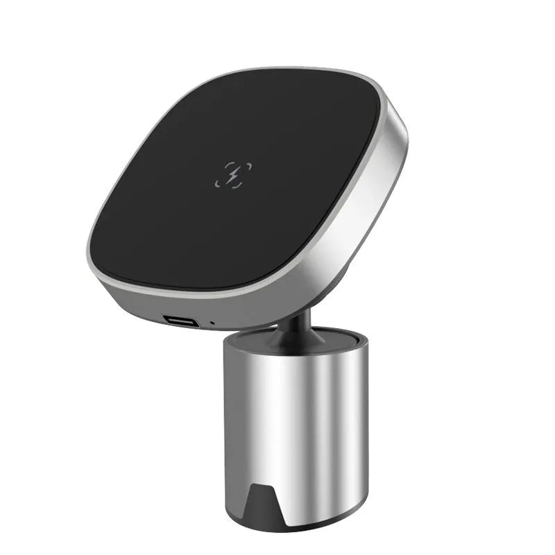 Grey magnetic wireless car phone charger holder for iPhone 12 series on dashboard