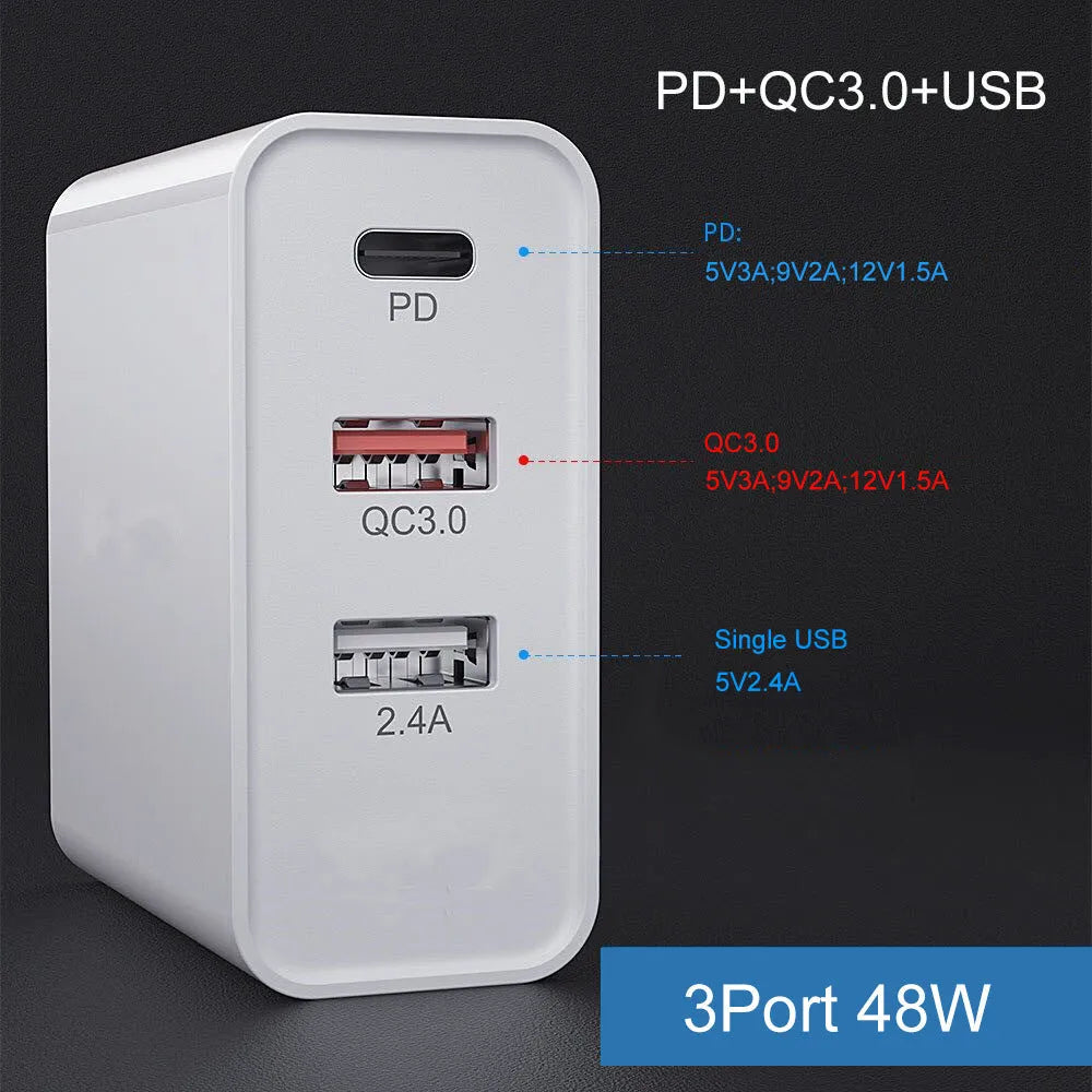 Fast charge mobile phone charger with multiple USB ports in black or white with international plug options