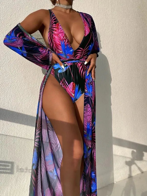 Women's three-piece swimsuit bikini set with cover-up coat in pattern design