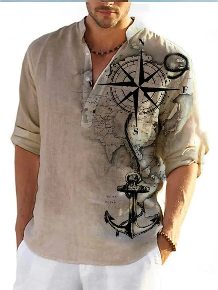 Men's thin digital bamboo linen Hawaiian shirt with stripe pattern in cardigan style