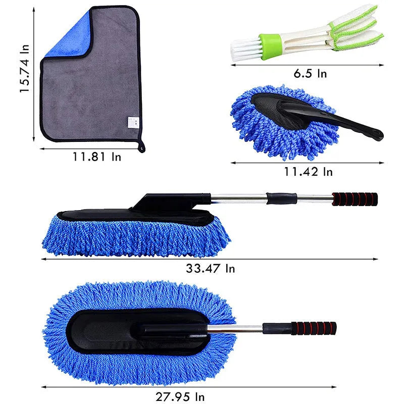 Car dust collector with retractable handle and five microfiber dusting brushes for car and home cleaning