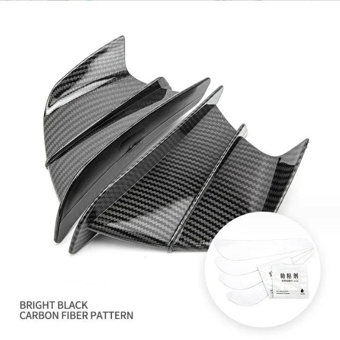 Universal motorcycle spoiler wing accessory measuring 18x8cm with four surface pattern options