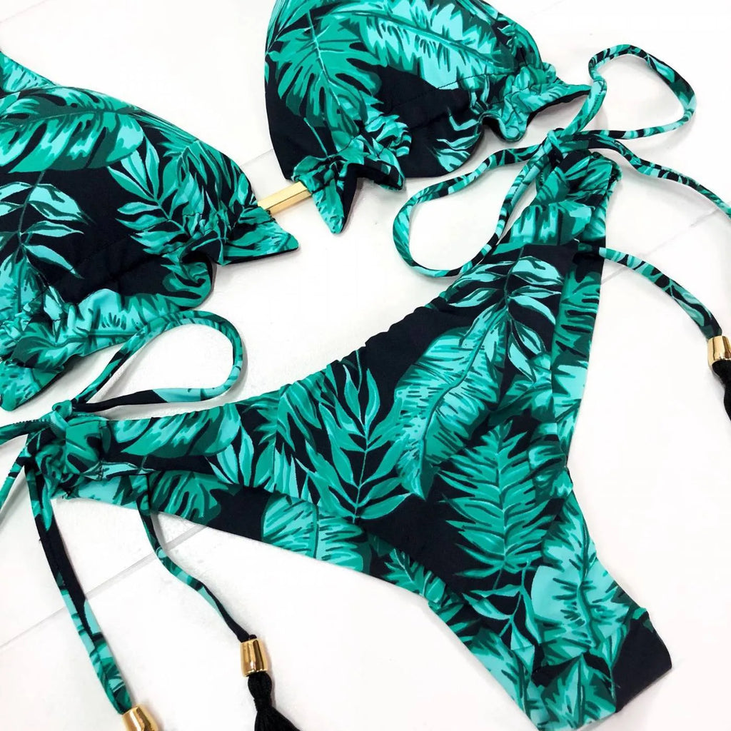 Women's green nylon split swimsuit with chest pad for beach swimming