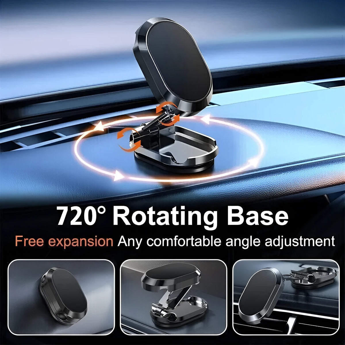 Chrome magnetic car phone holder dashboard mount folded and extended views showing foldable bracket and adhesive base
