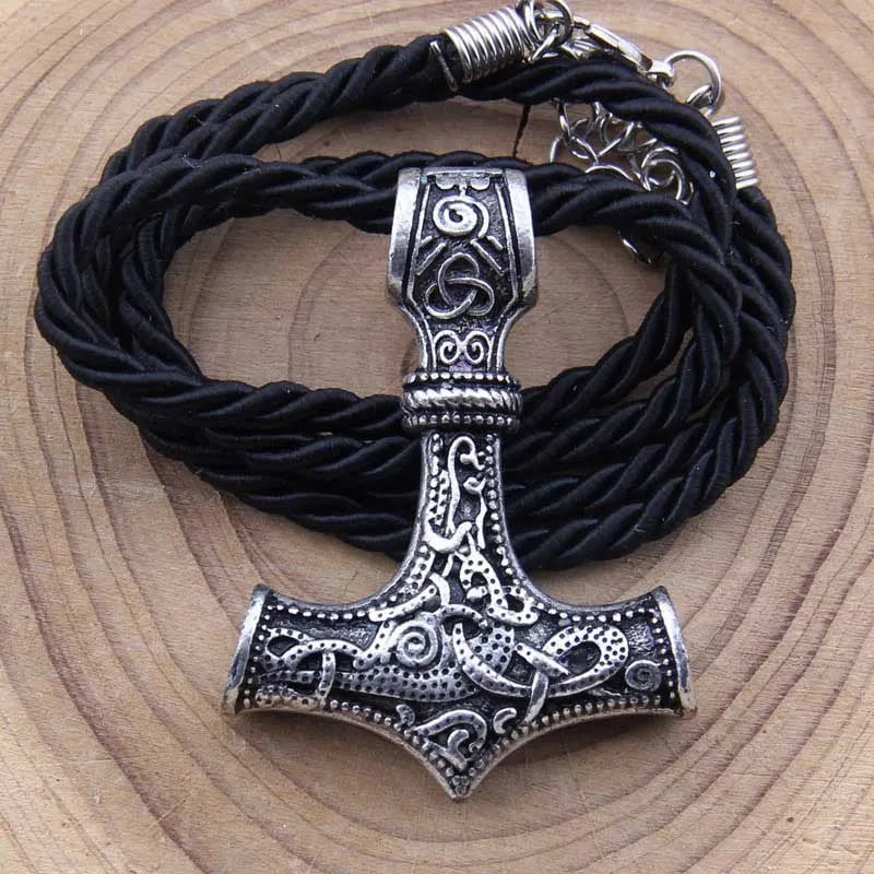 Gold-plated steel Thor's Hammer Mjolnir pendant 43x32mm ancient silver finish on white background