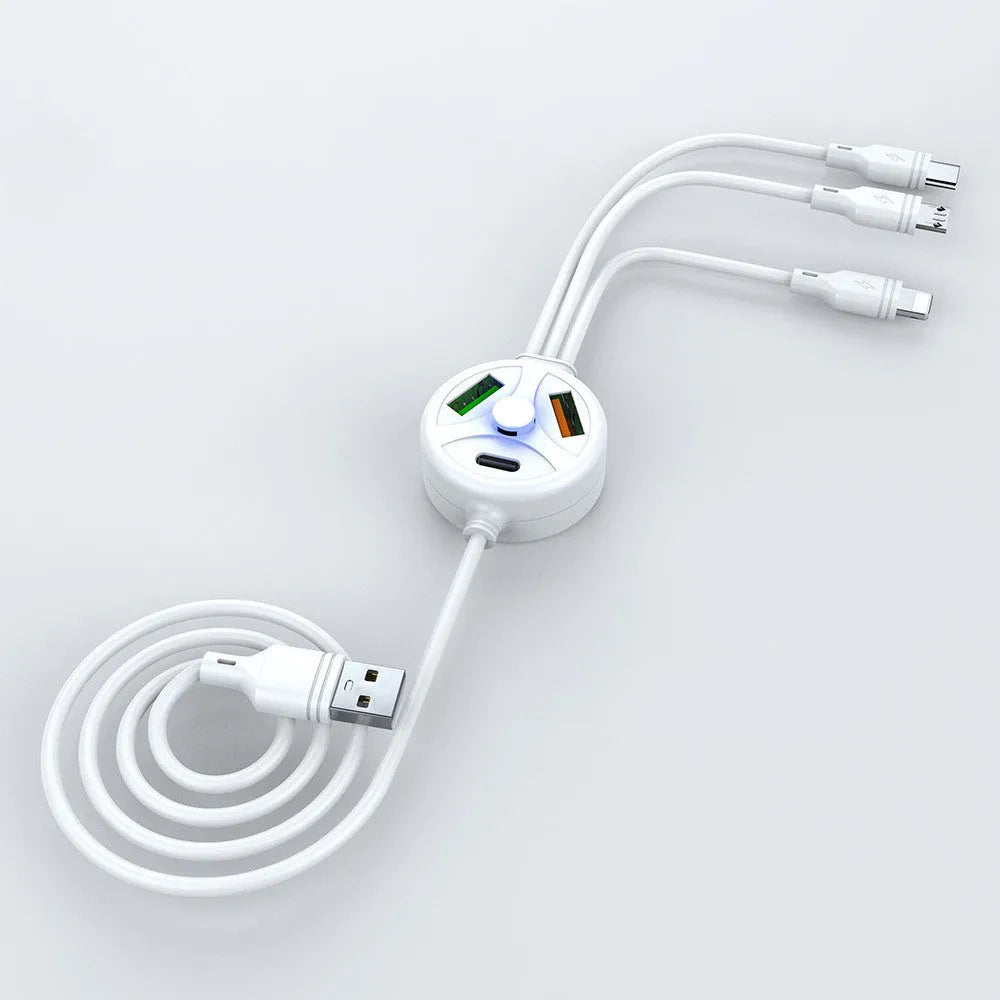 White universal phone charging cable with USB-C, Micro USB, and USB-A connectors on a 1.2m PVC cord.