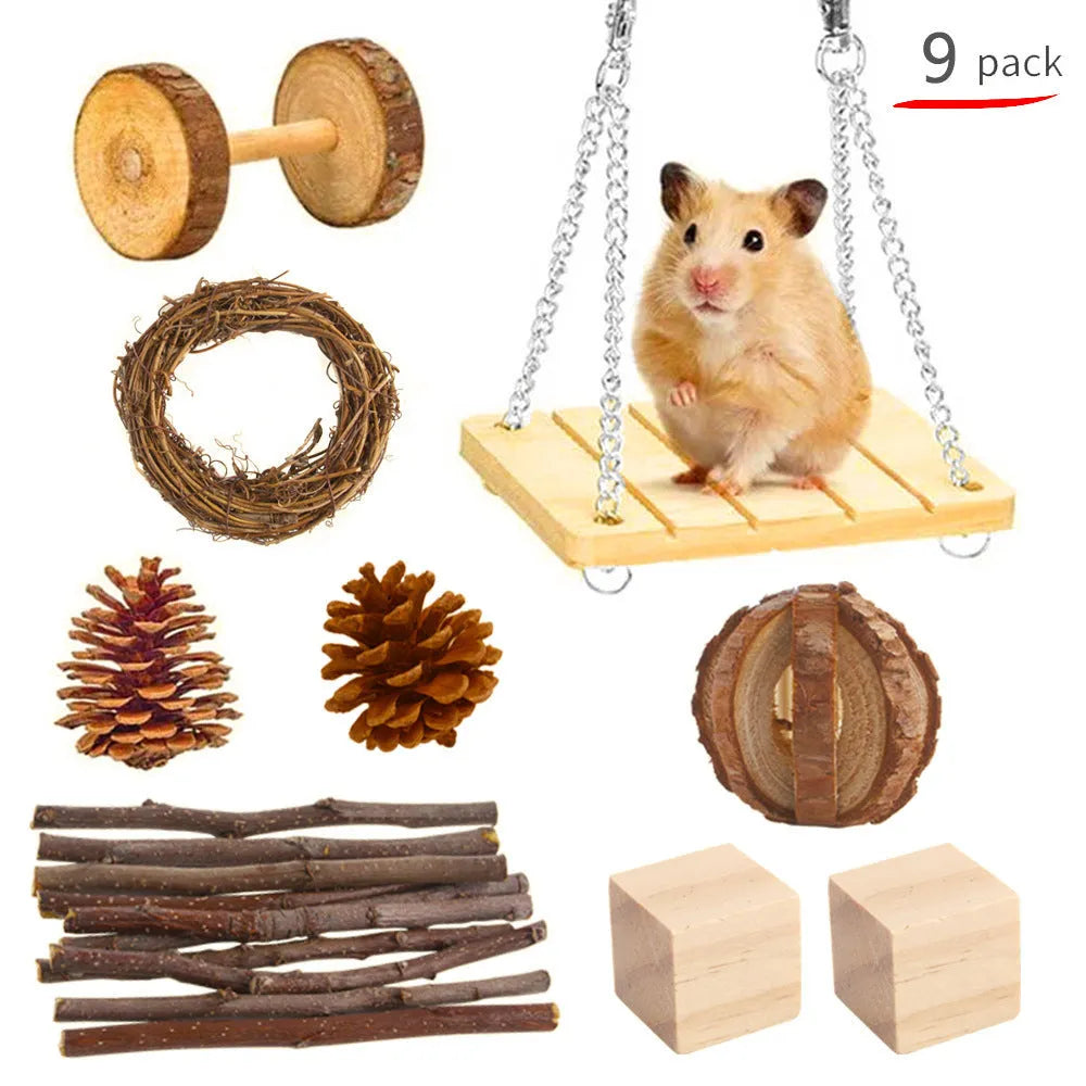 Wooden pet toy set with straw mats and woven balls for rabbits and guinea pigs
