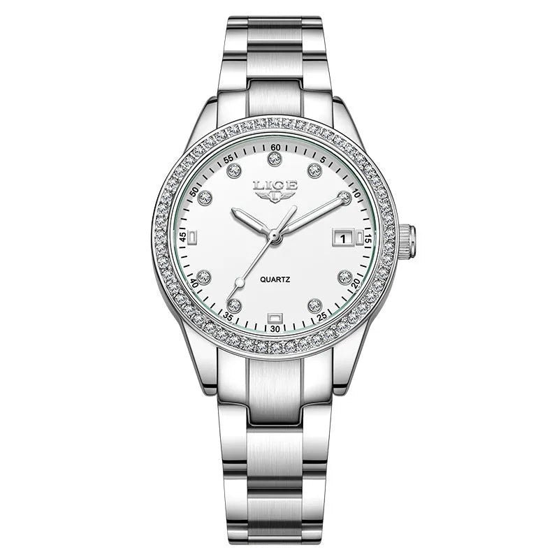 Women's silver fashion watch with diamond markers and luminous hands on stainless steel bracelet