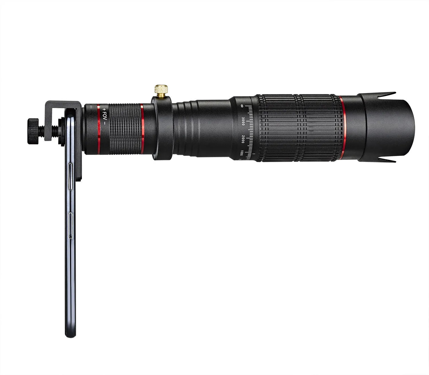 Black 36x telephoto mobile phone telescope with universal clip mount on a smartphone