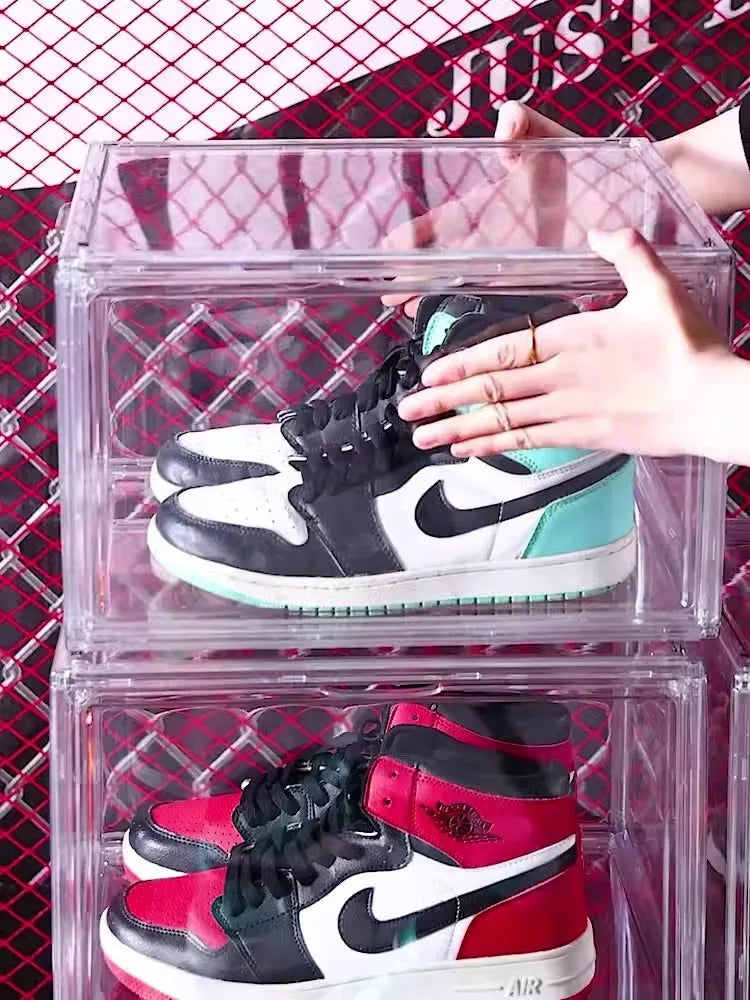 Large clear acrylic shoe storage box with a lid and a magnetic side door open, showing interior space.