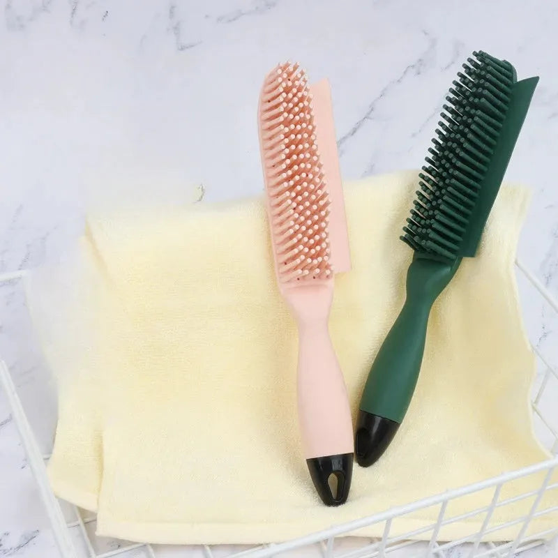 Green dog brush with hair collector reservoir, massage nodules, and a separate pink wool sticker for pet hair removal
