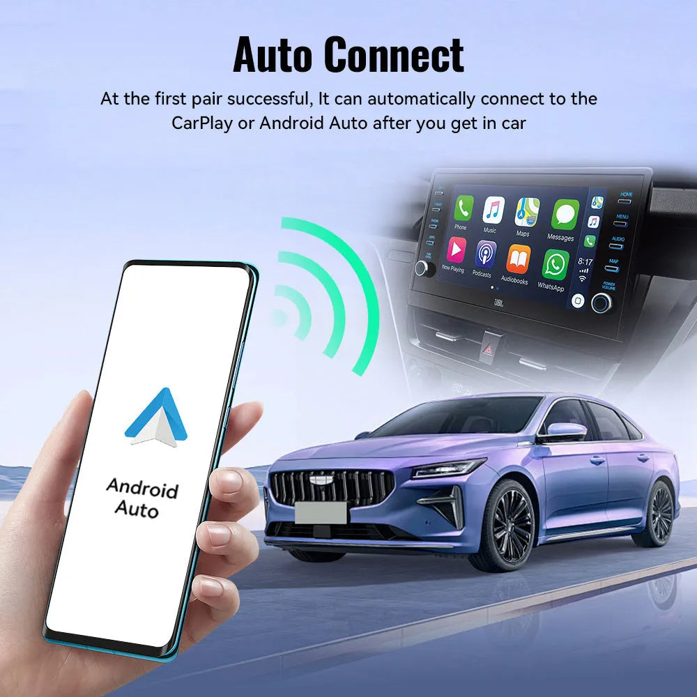 Small black Mini 2-in-1 CarPlay wireless USB adapter showing compact size and USB connector.