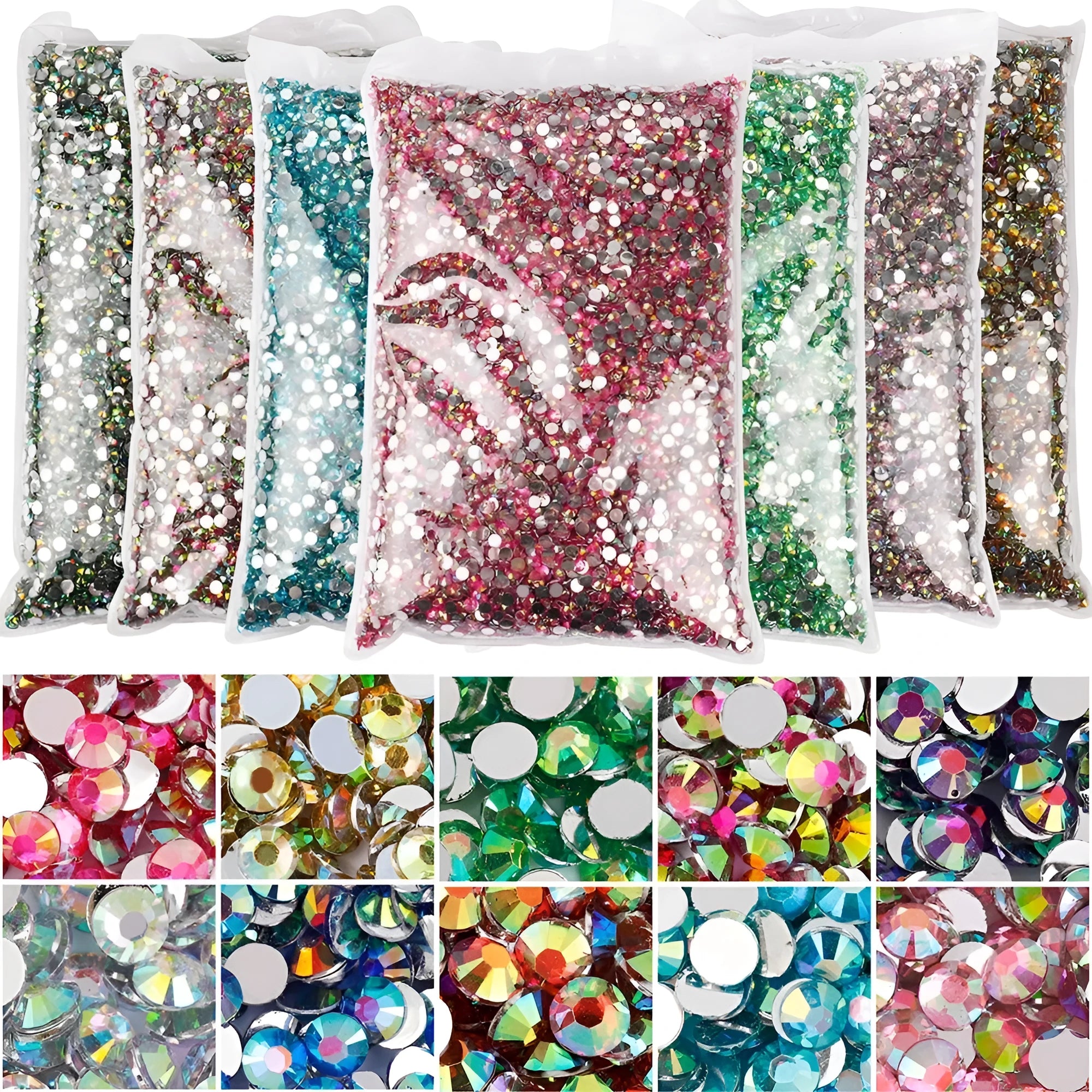 Plastic resin nail art rhinestones in multiple colours with electroplated surfaces arranged in mesh packaging