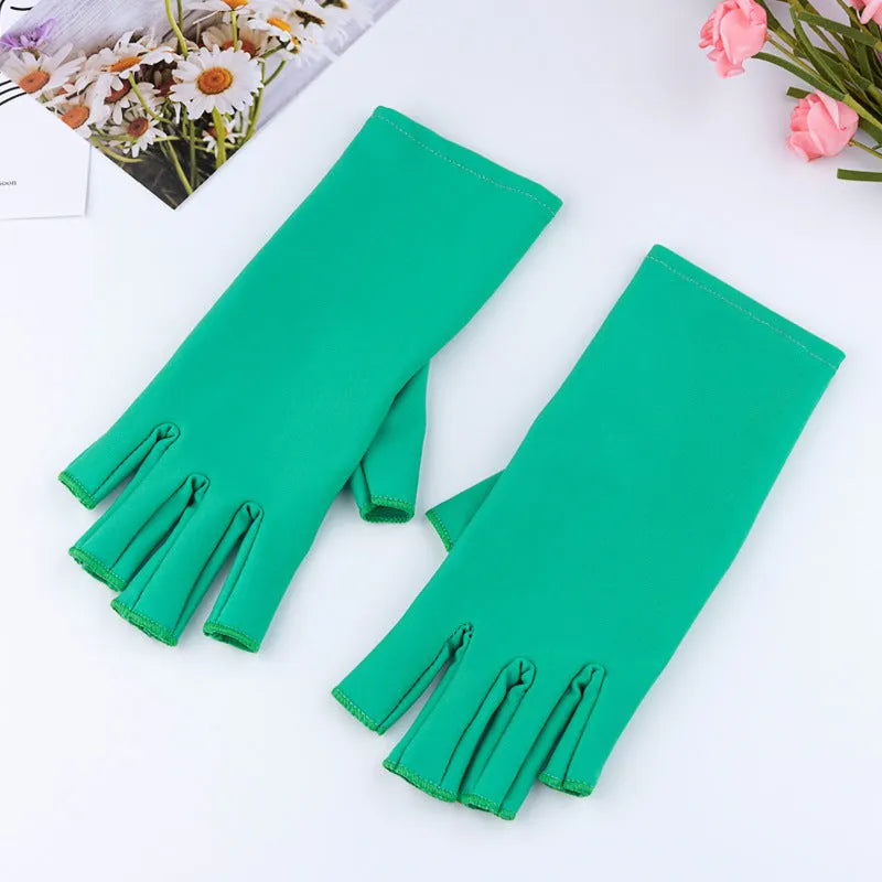 Manicure UV protection half-finger cloth glove with hand-painted decoration in blue for nail art use